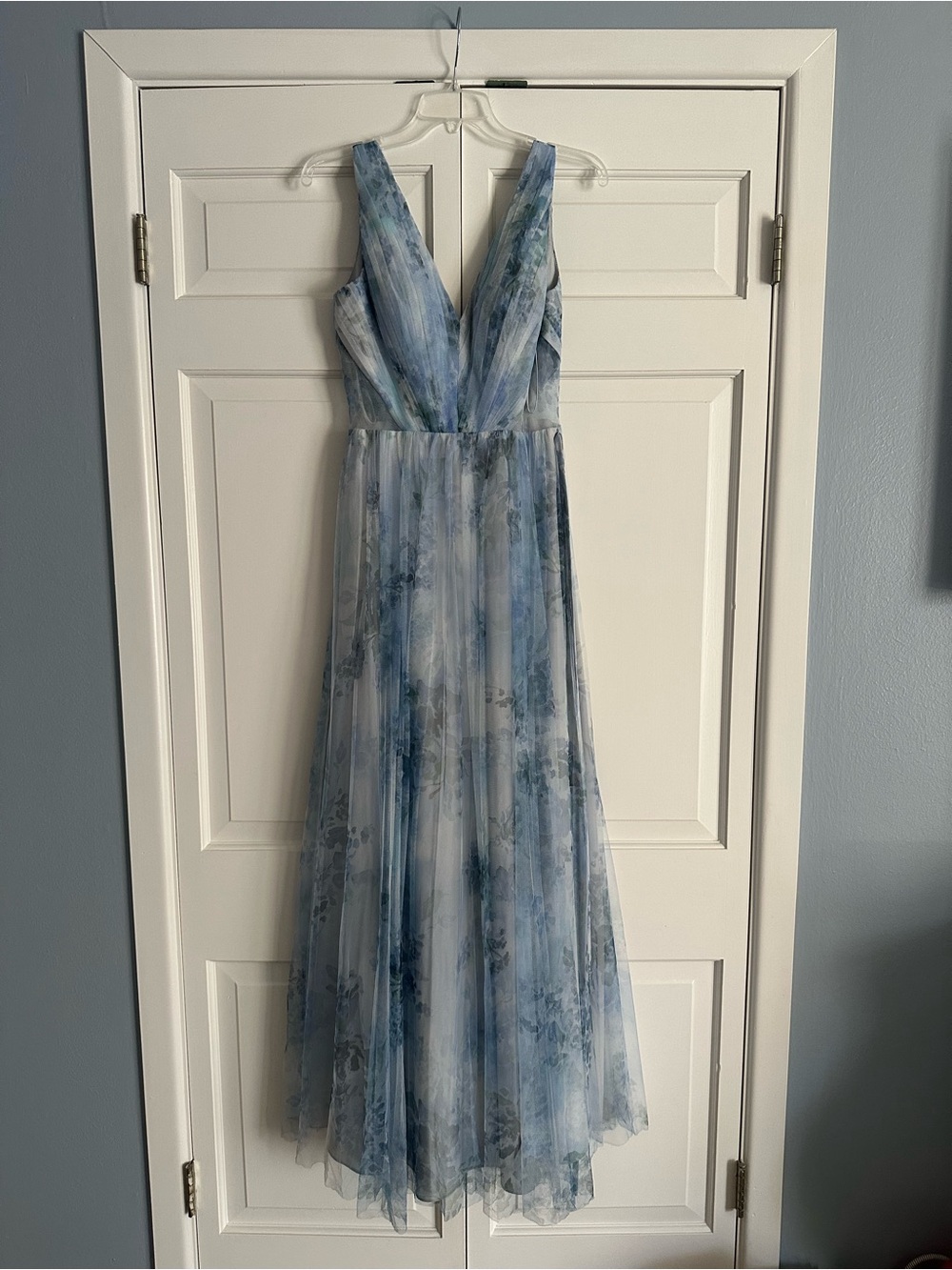 Marchesa Pale Blue Floral V-Neck Tulle Gown